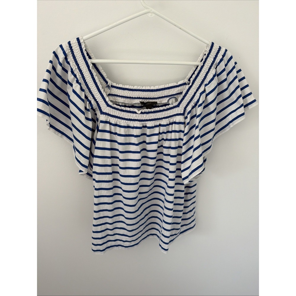 J.Crew Blouse Women Large Blue White Excellent Striped Smocked Boho Short Sleeve